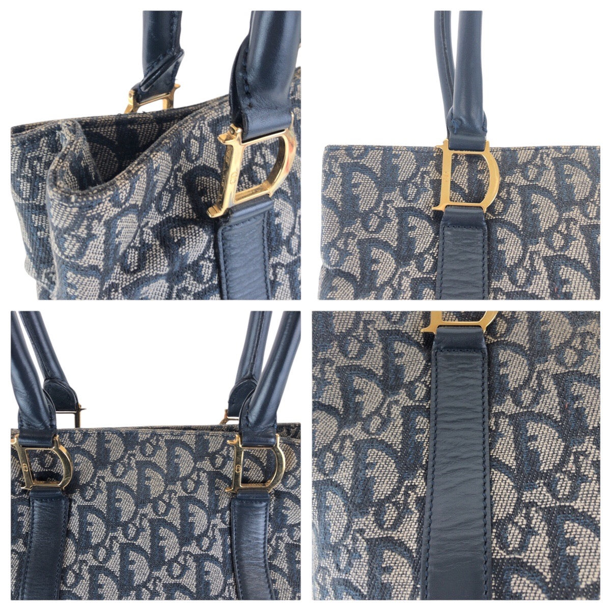 Dior Tote Bag Canvas, Leather Navy Gold Metal Tote Bag Shoulder Bag Trotter Women Used Authentic