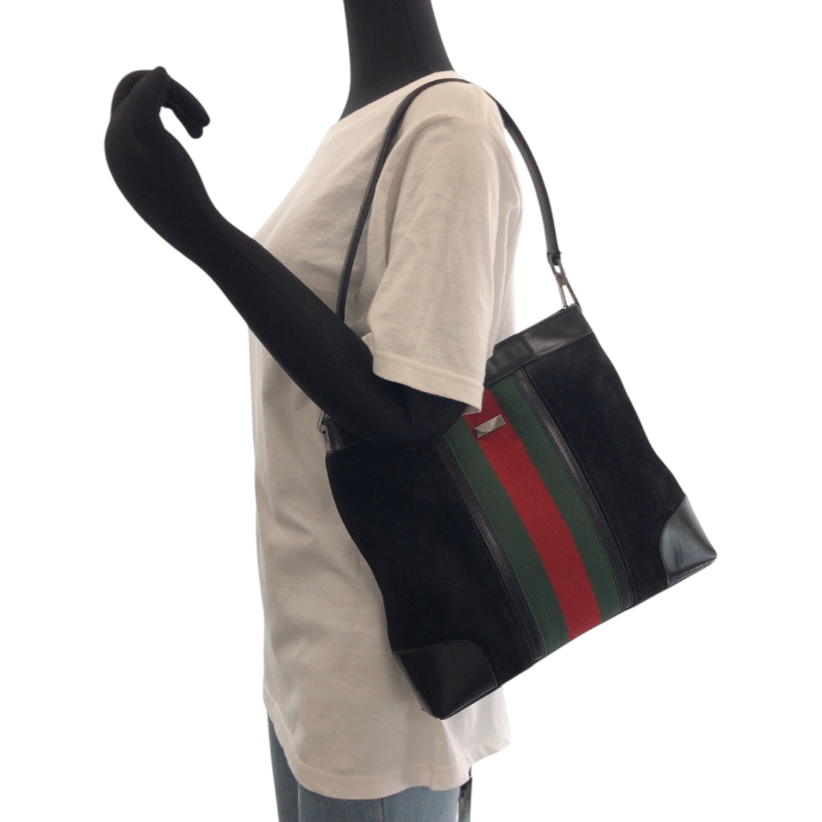 GUCCI Shoulder Bag 33900 Suede, Leather Black Green Red SilverMetal One Shoulder Bag Sherry line Women Used Authentic
