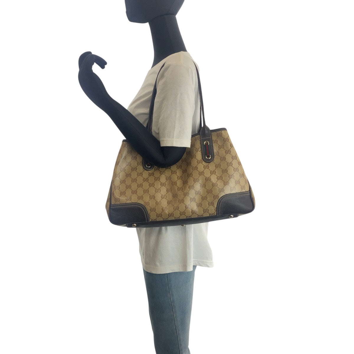 GUCCI Tote Bag 293592 PVC, Leather Beige Brown Gold Metal Tote Bag Shoulder Bag Sherry line GG crystal Women Used Authentic