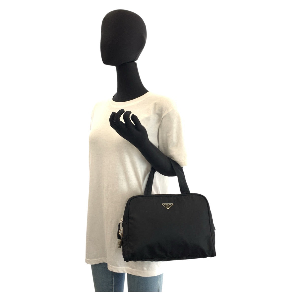 PRADA Handbag Nylon Black SilverMetal Test Triangle With logo Women Used Authentic