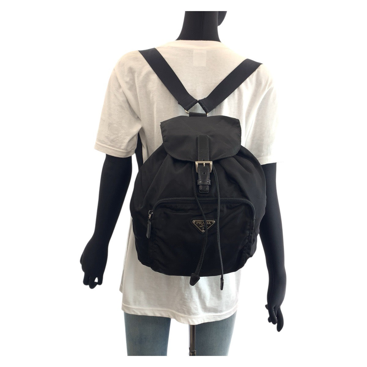 PRADA Backpack Nylon Black SilverMetal Backpack Backpack Test Triangle With logo Women Used Authentic