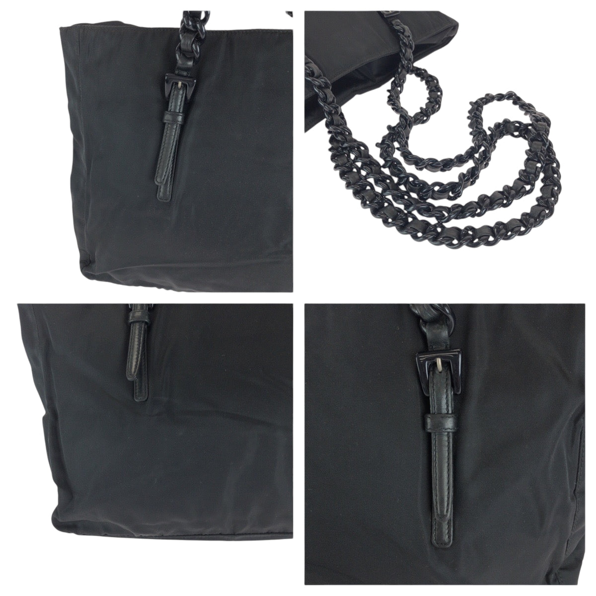 PRADA Tote Bag B7404 Nylon Black SilverMetal ChainTote Bag Shoulder Bag Test Triangle With logo Plastic Chain Women Used Authentic