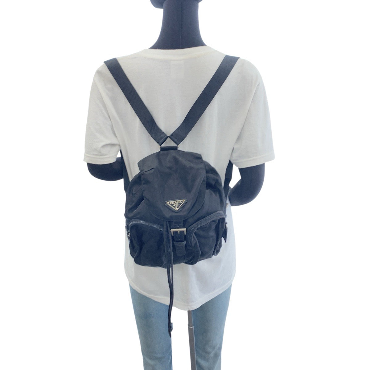 PRADA Backpack Nylon Black SilverMetal Backpack Test Triangle With logo Women Used Authentic