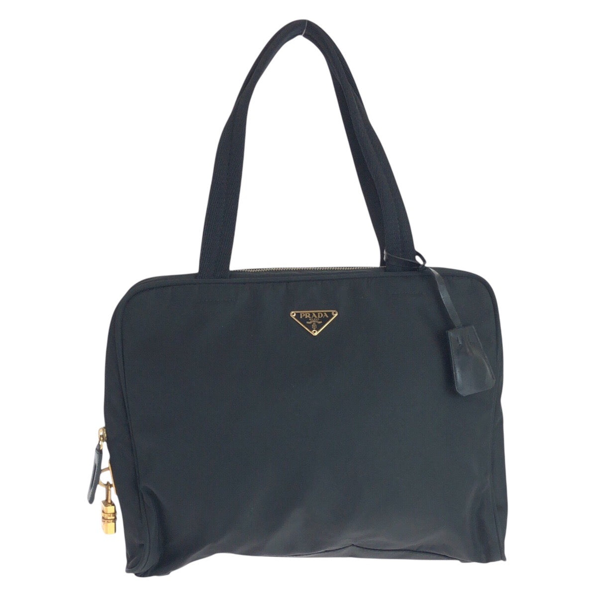 PRADA Tote Bag Nylon Black GoldMetal Tote Bag Shoulder Bag Test Triangle With logo Women Used Authentic