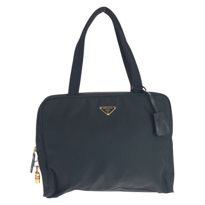 PRADA Tote Bag Nylon Black GoldMetal Tote Bag Shoulder Bag Test Triangle With logo Women Used Authentic