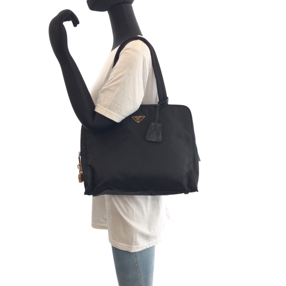 PRADA Tote Bag Nylon Black GoldMetal Tote Bag Shoulder Bag Test Triangle With logo Women Used Authentic