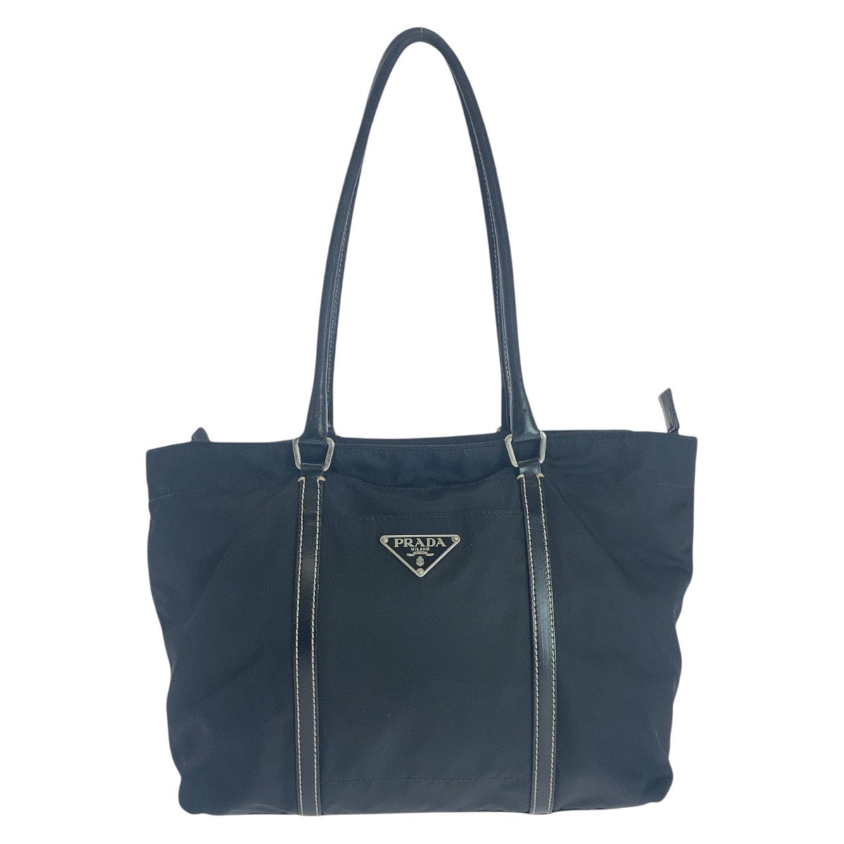 PRADA Tote Bag Nylon, Leather Black SilverMetal Tote Bag Shoulder Bag Test Triangle With logo Women Used Authentic
