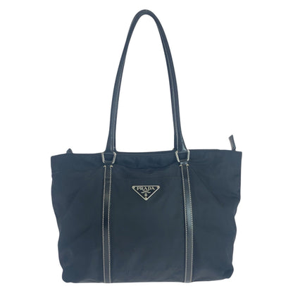 PRADA Tote Bag Nylon, Leather Black SilverMetal Tote Bag Shoulder Bag Test Triangle With logo Women Used Authentic