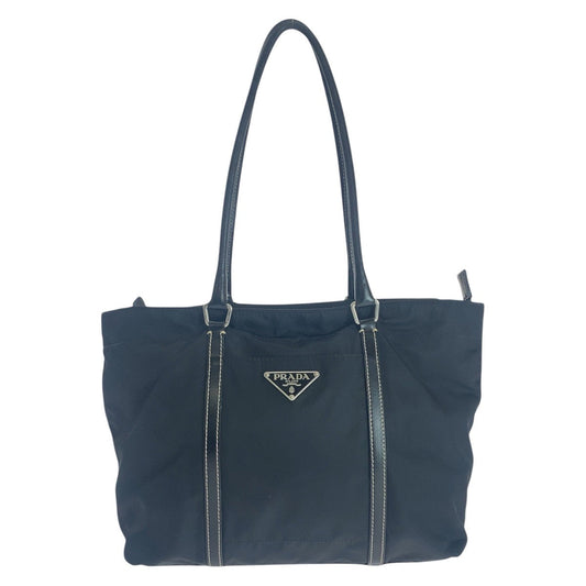 PRADA Tote Bag Nylon, Leather Black SilverMetal Tote Bag Shoulder Bag Test Triangle With logo Women Used Authentic