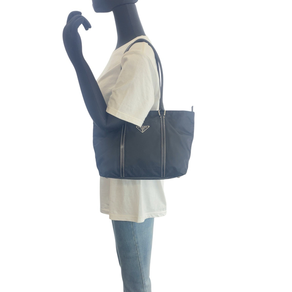 PRADA Tote Bag Nylon, Leather Black SilverMetal Tote Bag Shoulder Bag Test Triangle With logo Women Used Authentic