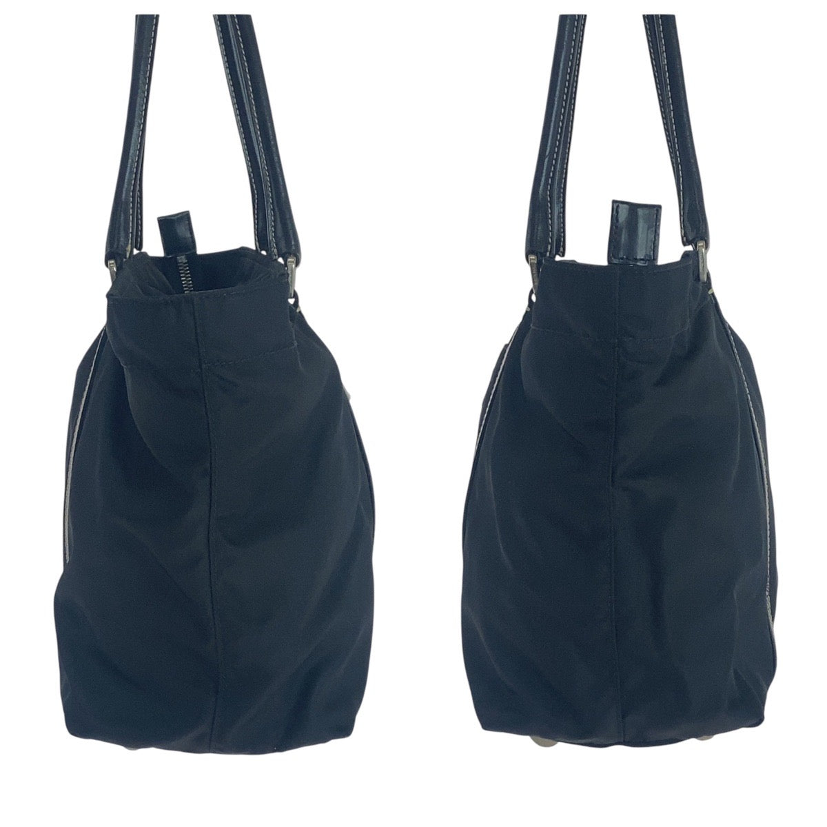 PRADA Tote Bag Nylon, Leather Black SilverMetal Tote Bag Shoulder Bag Test Triangle With logo Women Used Authentic