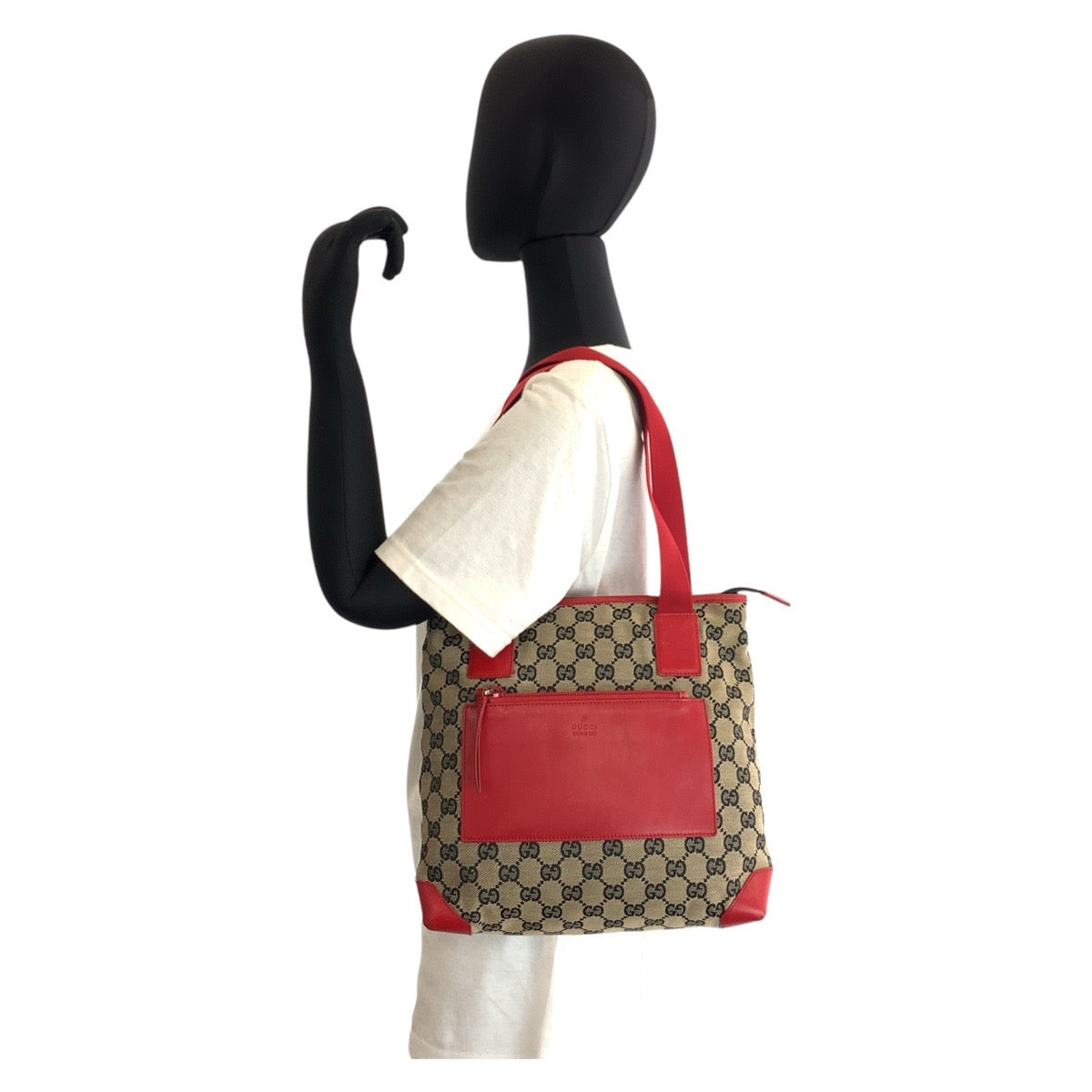 GUCCI Tote Bag 019 0402 GG canvas, leather Red beige Tote Bag Shoulder Bag Women Used Authentic