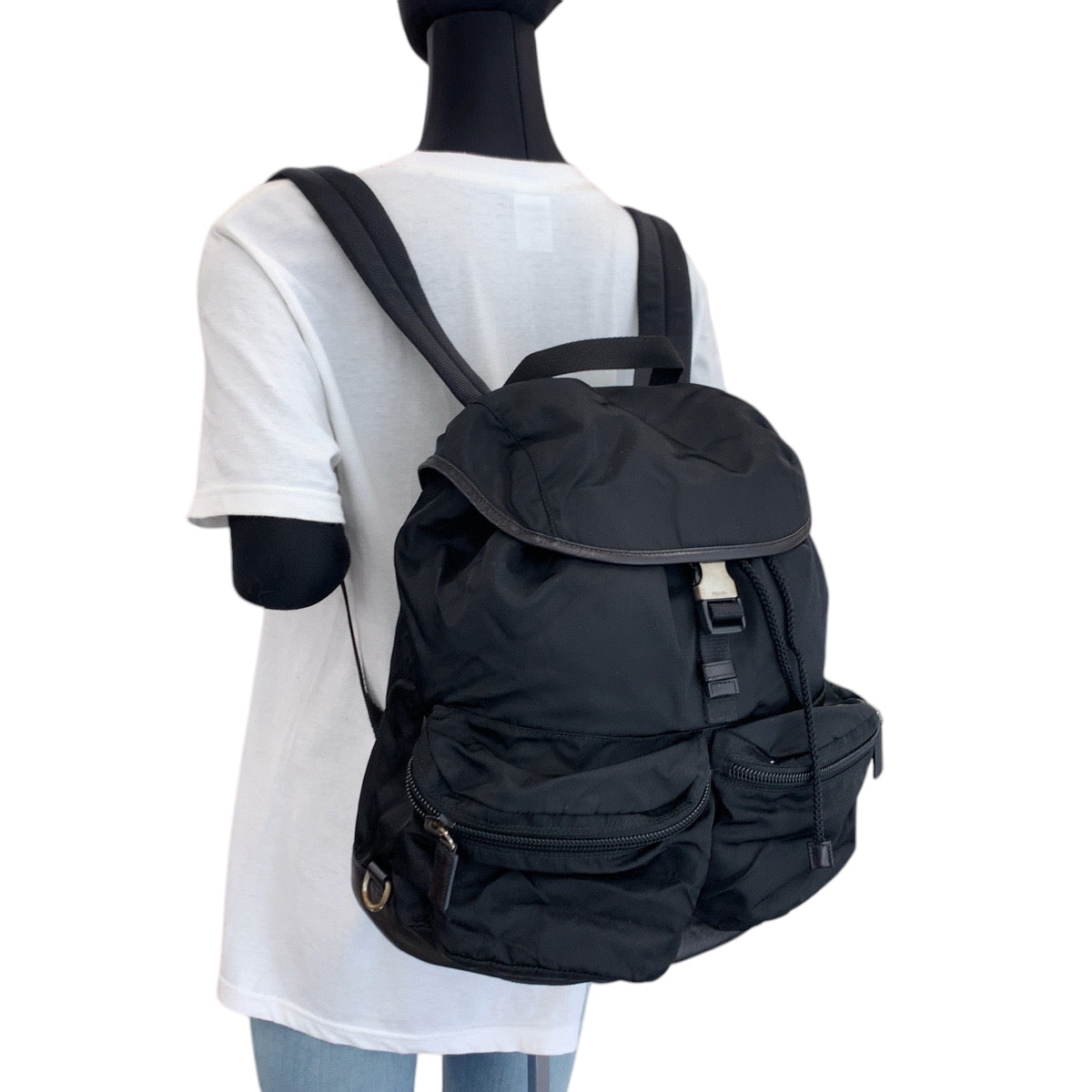 PRADA Backpack Nylon Black SilverMetal Backpack Backpack Test Triangle With logo mens Used Authentic