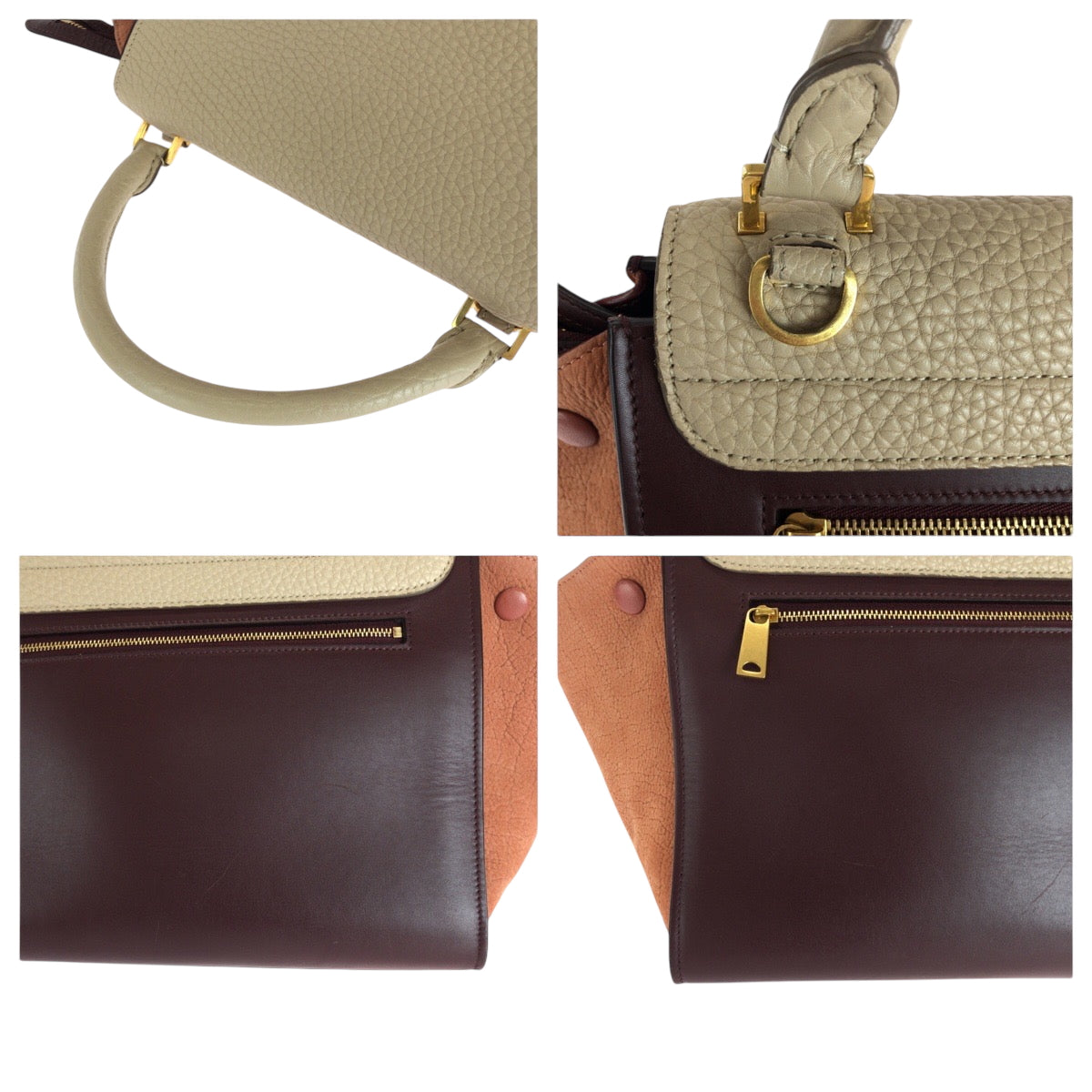 CELINE Shoulder Bag Leather, Suede Bordeaux Ivory Orange Gold Metal Shoulder Bag Handbag 2way Trapeze Women Used Authentic
