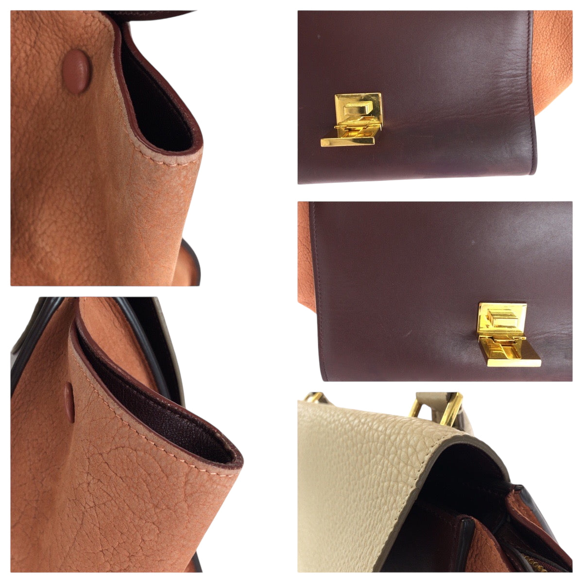CELINE Shoulder Bag Leather, Suede Bordeaux Ivory Orange Gold Metal Shoulder Bag Handbag 2way Trapeze Women Used Authentic