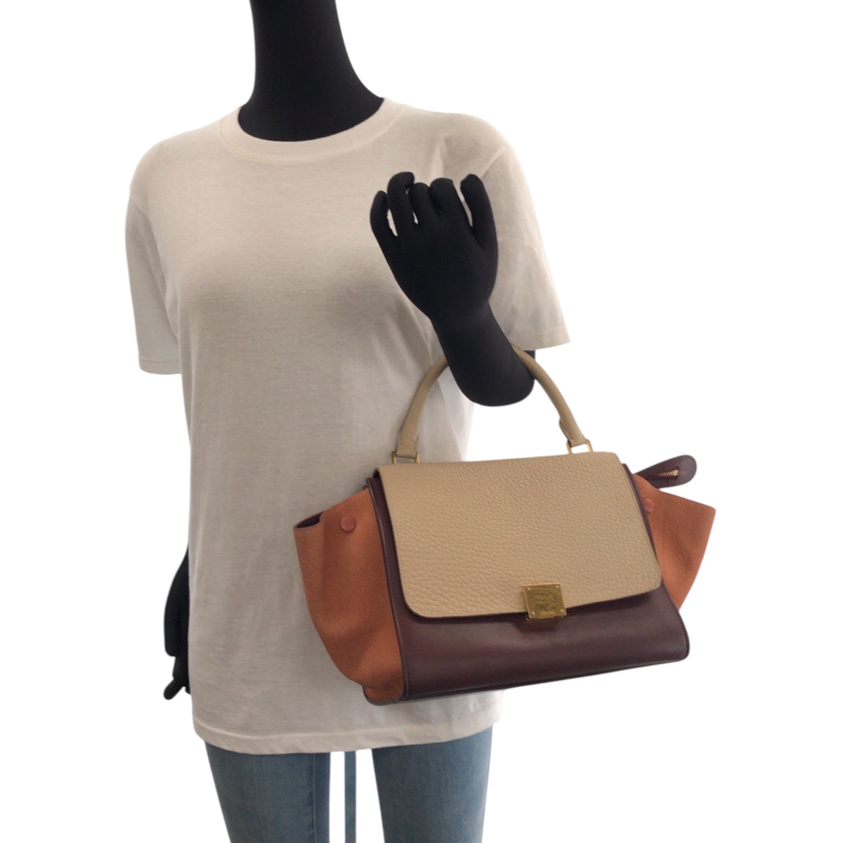 CELINE Shoulder Bag Leather, Suede Bordeaux Ivory Orange Gold Metal Shoulder Bag Handbag 2way Trapeze Women Used Authentic