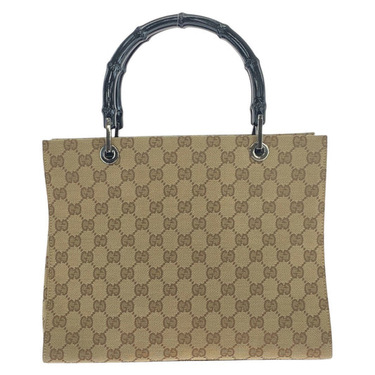 GUCCI Tote Bag 002 1016 GG canvas Beige Black SilverMetal Tote Bag handbag Bamboo Women Used Authentic