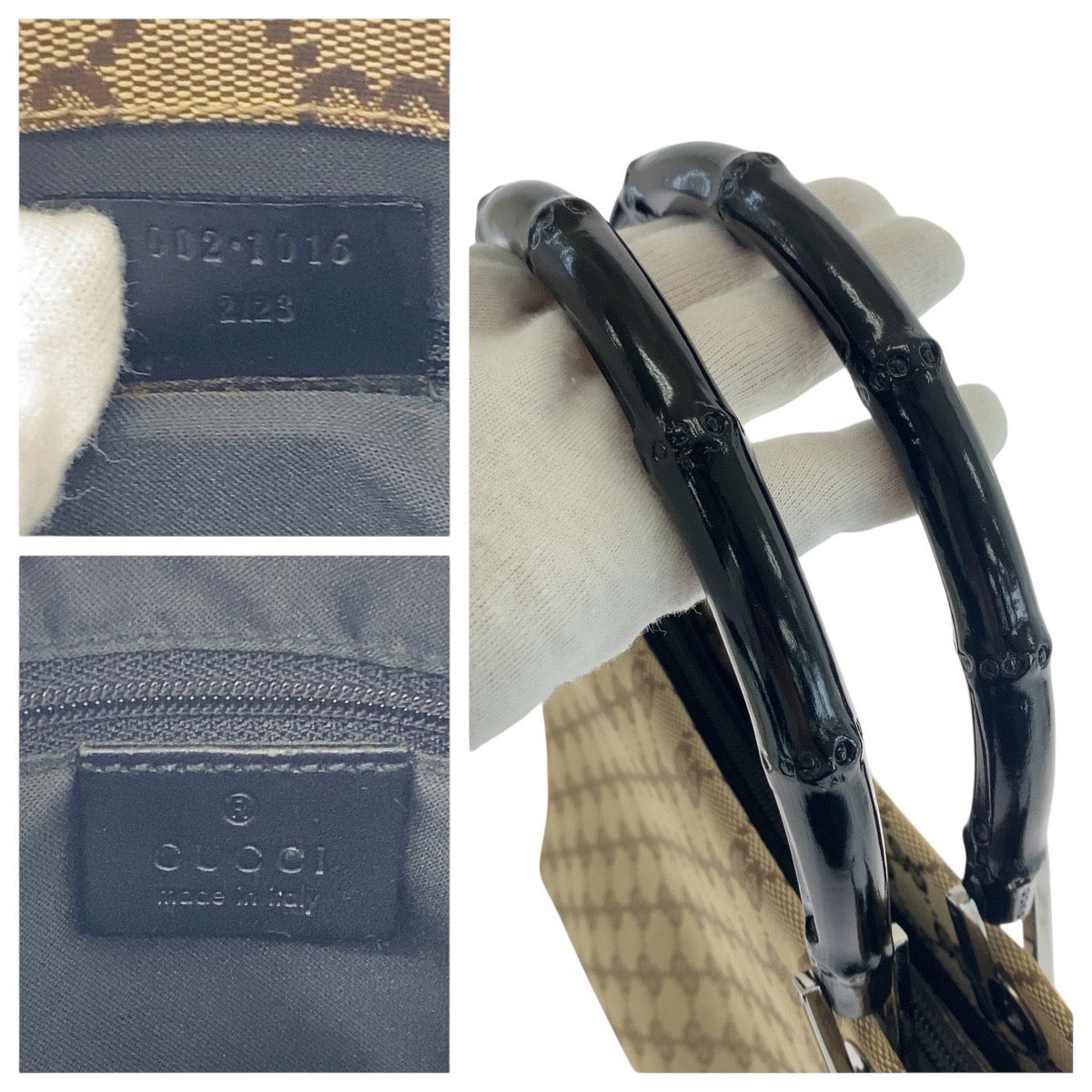 GUCCI Tote Bag 002 1016 GG canvas Beige Black SilverMetal Tote Bag handbag Bamboo Women Used Authentic