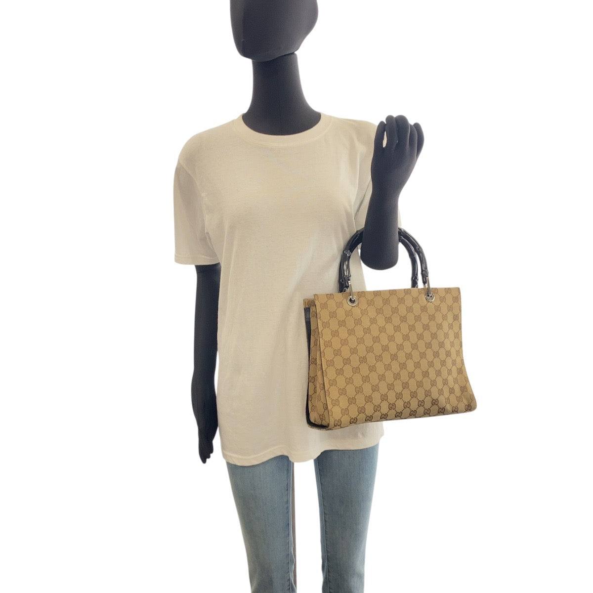GUCCI Tote Bag 002 1016 GG canvas Beige Black SilverMetal Tote Bag handbag Bamboo Women Used Authentic