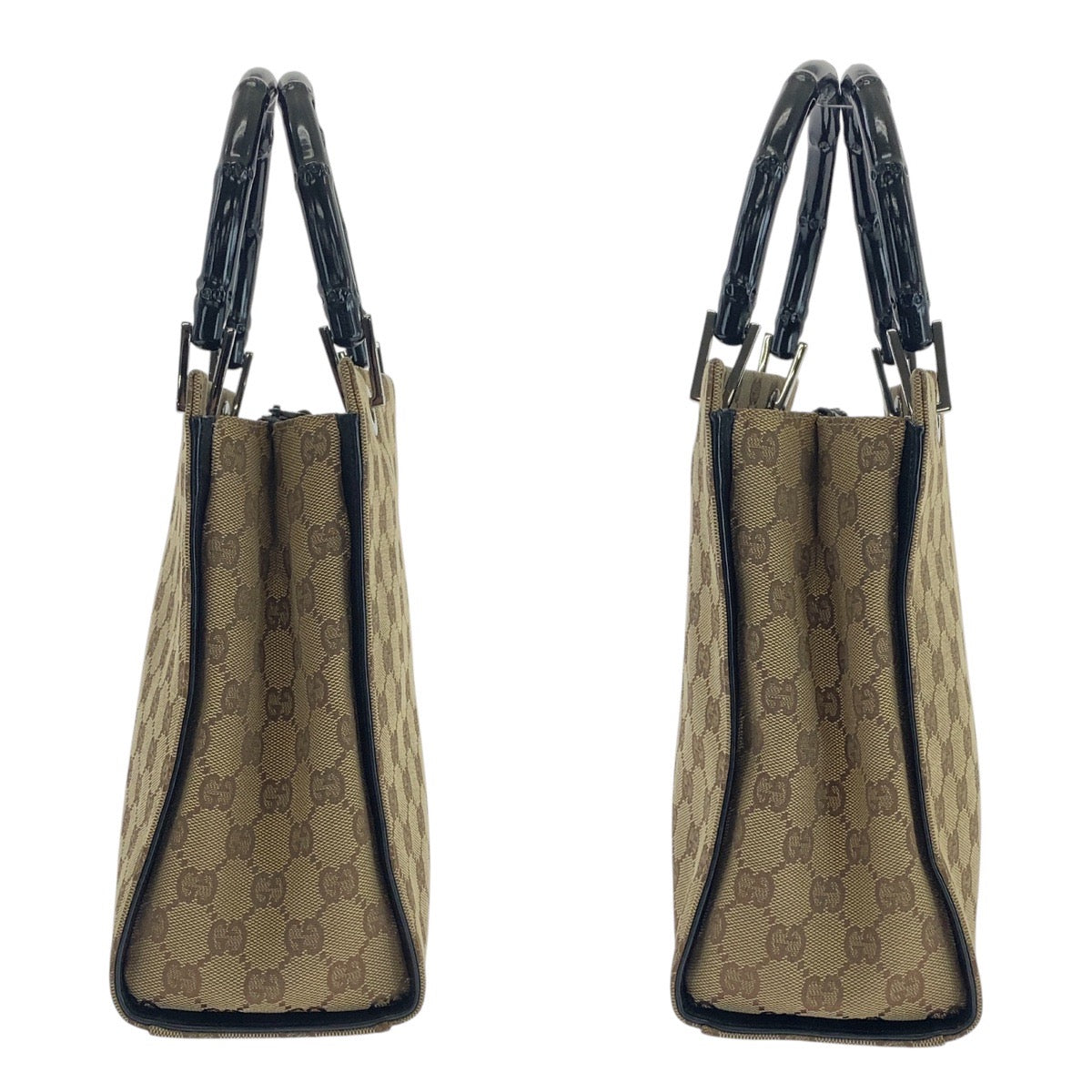 GUCCI Tote Bag 002 1016 GG canvas Beige Black SilverMetal Tote Bag handbag Bamboo Women Used Authentic
