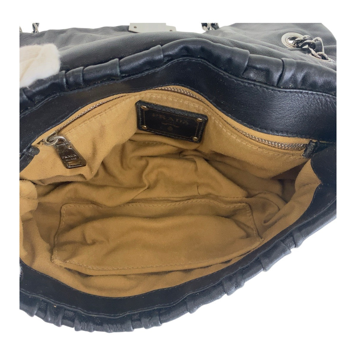 PRADA Shoulder Bag leather Black SilverMetal Crossbody Chain Shoulder Bag Gathered Women Used Authentic