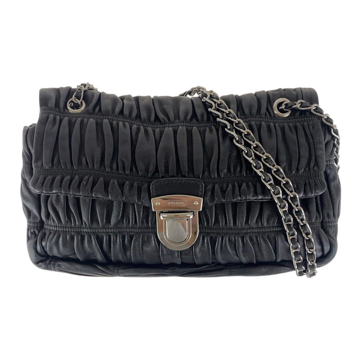 PRADA Shoulder Bag leather Black SilverMetal Crossbody Chain Shoulder Bag Gathered Women Used Authentic