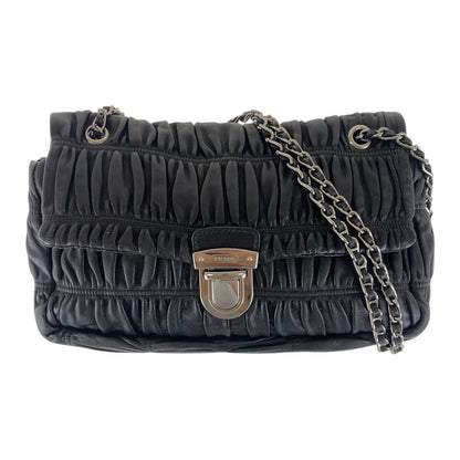 PRADA Shoulder Bag leather Black SilverMetal Crossbody Chain Shoulder Bag Gathered Women Used Authentic
