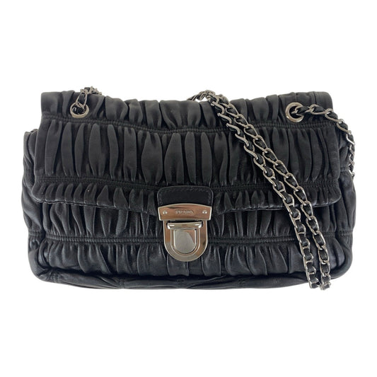 PRADA Shoulder Bag leather Black SilverMetal Crossbody Chain Shoulder Bag Gathered Women Used Authentic