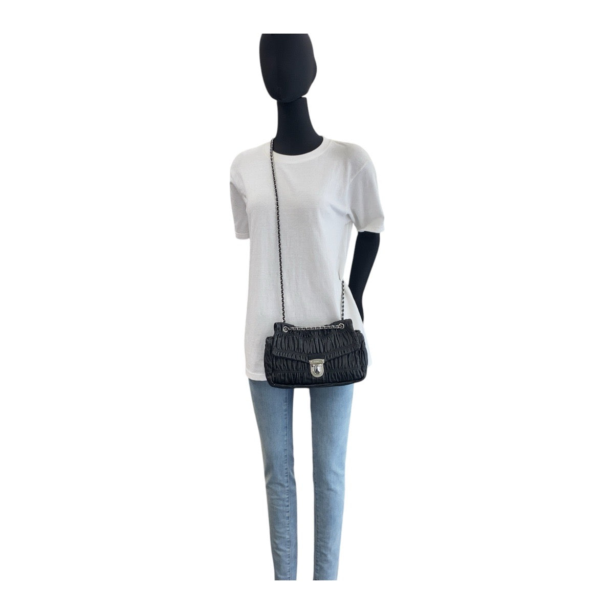 PRADA Shoulder Bag leather Black SilverMetal Crossbody Chain Shoulder Bag Gathered Women Used Authentic