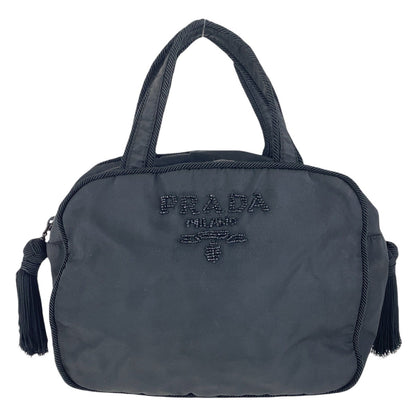 PRADA Handbag Nylon, Beads Black SilverMetal Handbag Tote Bag Test Tassel Women Used Authentic