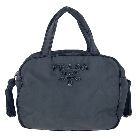 PRADA Handbag Nylon, Beads Black SilverMetal Handbag Tote Bag Test Tassel Women Used Authentic