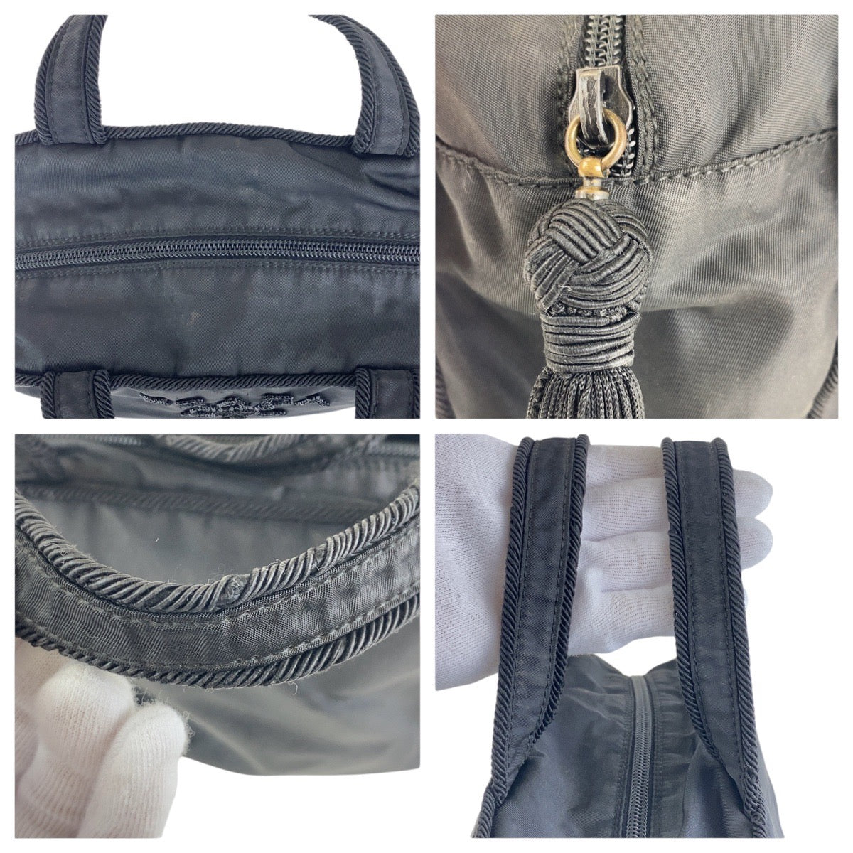 PRADA Handbag Nylon, Beads Black SilverMetal Handbag Tote Bag Test Tassel Women Used Authentic