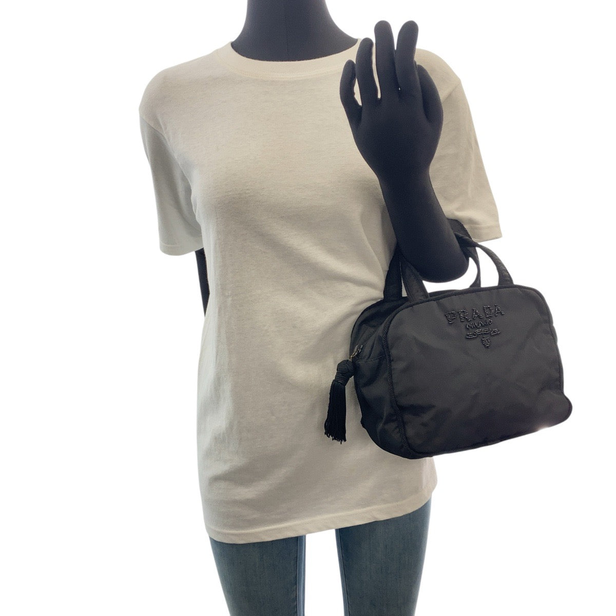 PRADA Handbag Nylon, Beads Black SilverMetal Handbag Tote Bag Test Tassel Women Used Authentic