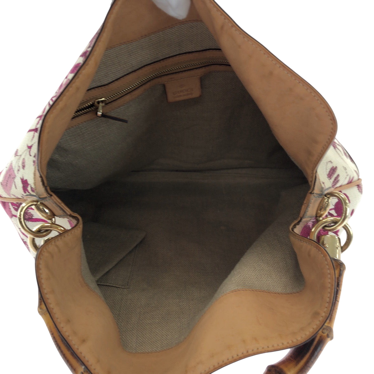 GUCCI Shoulder Bag 169961 canvas White Brown Pink Gold Metal Shoulder Bag Handbag 2way Bamboo flora Women Used Authentic