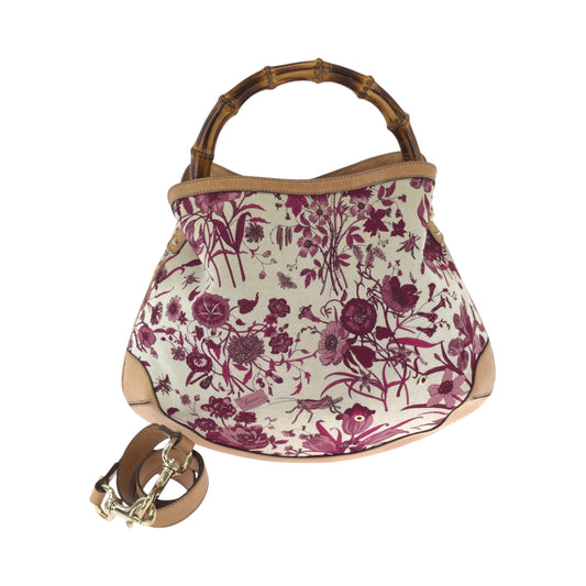 GUCCI Shoulder Bag 169961 canvas White Brown Pink Gold Metal Shoulder Bag Handbag 2way Bamboo flora Women Used Authentic