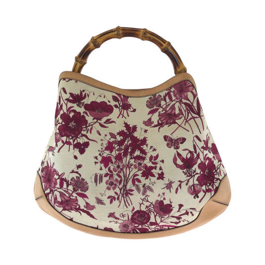 GUCCI Shoulder Bag 169961 canvas White Brown Pink Gold Metal Shoulder Bag Handbag 2way Bamboo flora Women Used Authentic