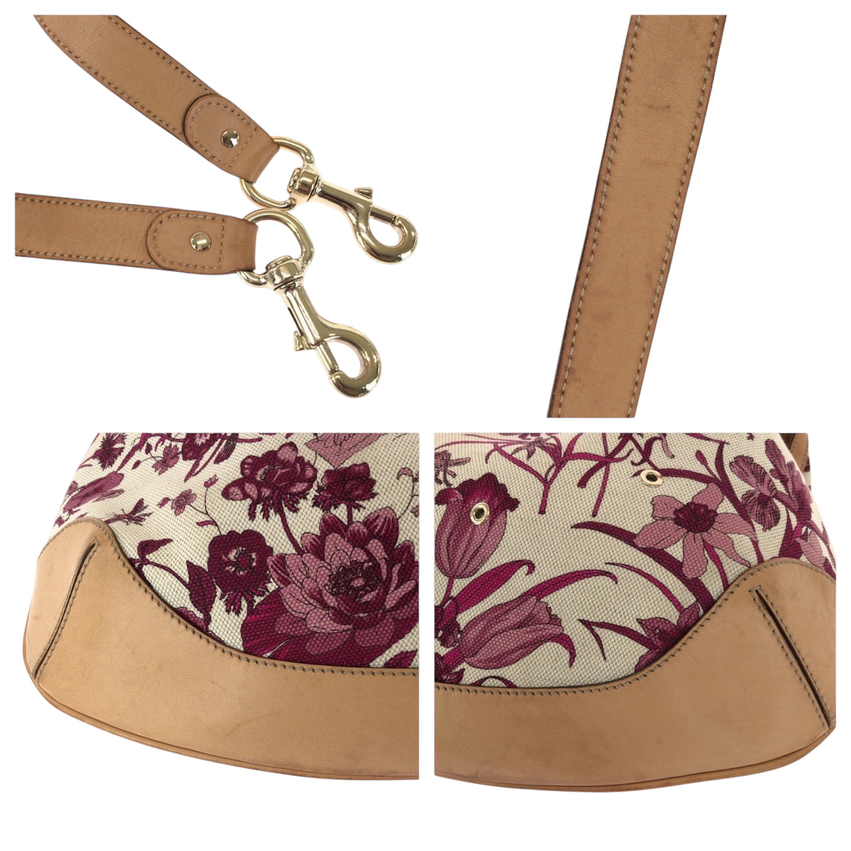 GUCCI Shoulder Bag 169961 canvas White Brown Pink Gold Metal Shoulder Bag Handbag 2way Bamboo flora Women Used Authentic
