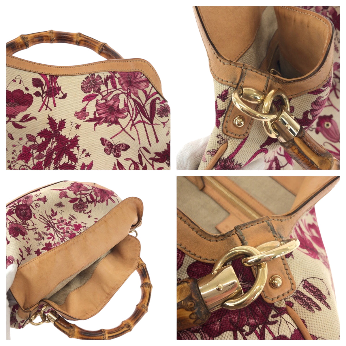 GUCCI Shoulder Bag 169961 canvas White Brown Pink Gold Metal Shoulder Bag Handbag 2way Bamboo flora Women Used Authentic