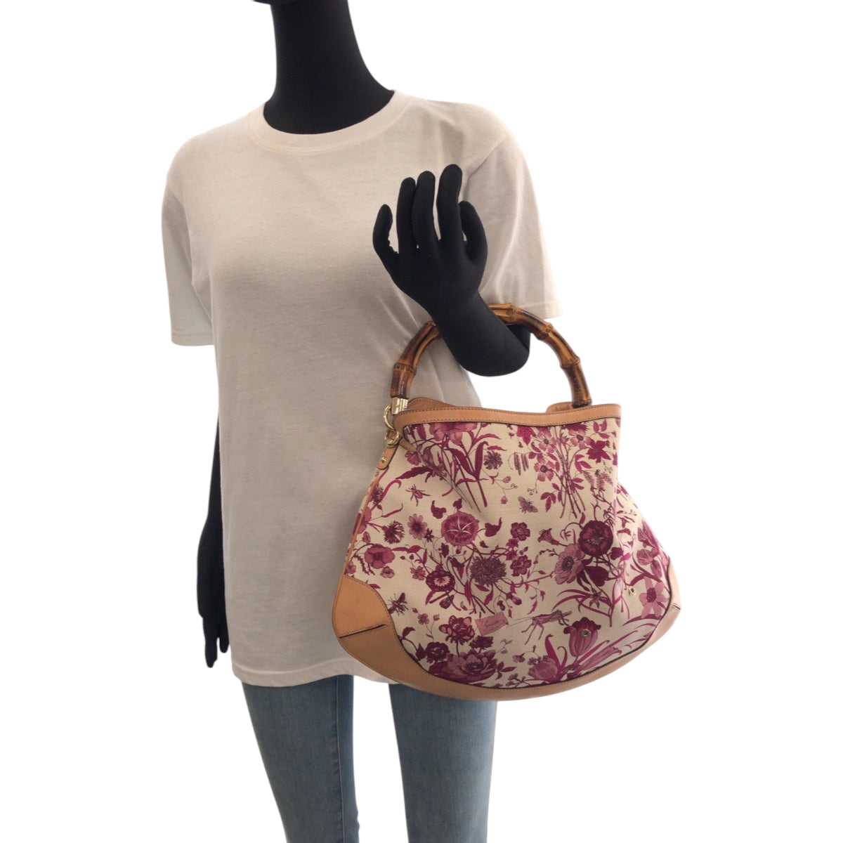 GUCCI Shoulder Bag 169961 canvas White Brown Pink Gold Metal Shoulder Bag Handbag 2way Bamboo flora Women Used Authentic