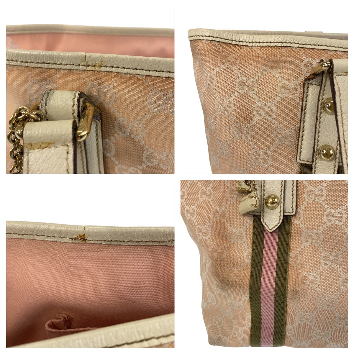 GUCCI Tote Bag 137396 GG canvas, leather Pink Ivory Gold Metal Tote Bag Shoulder Bag Sherry line Women Used Authentic