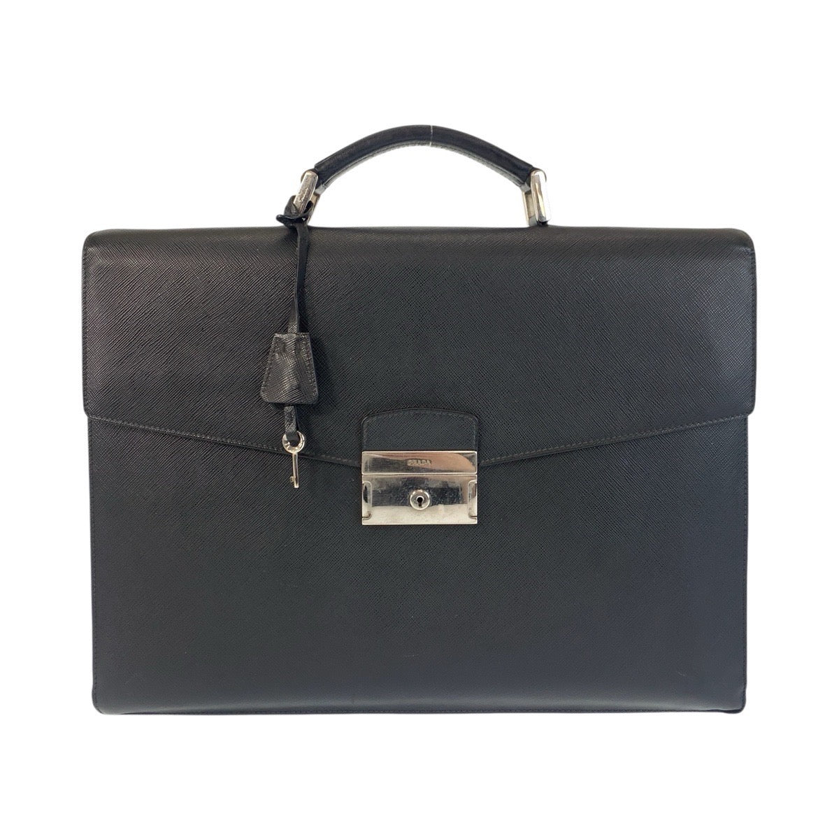 PRADA Business bag leather Black SilverMetal Business bag briefcase Safiano mens Used Authentic
