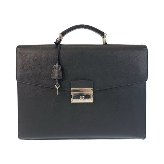 PRADA Business bag leather Black SilverMetal Business bag briefcase Safiano mens Used Authentic