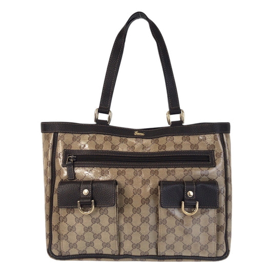 GUCCI Tote Bag 268639 Coated canvas, leather Beige Brown Gold Metal Tote Bag Shoulder Bag GG crystal Women Used Authentic