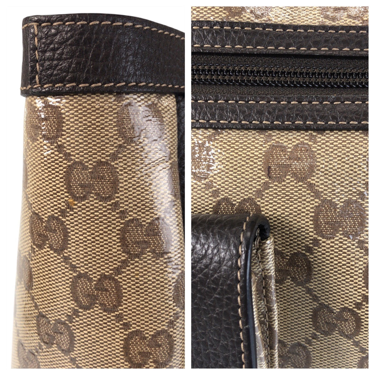 GUCCI Tote Bag 268639 Coated canvas, leather Beige Brown Gold Metal Tote Bag Shoulder Bag GG crystal Women Used Authentic