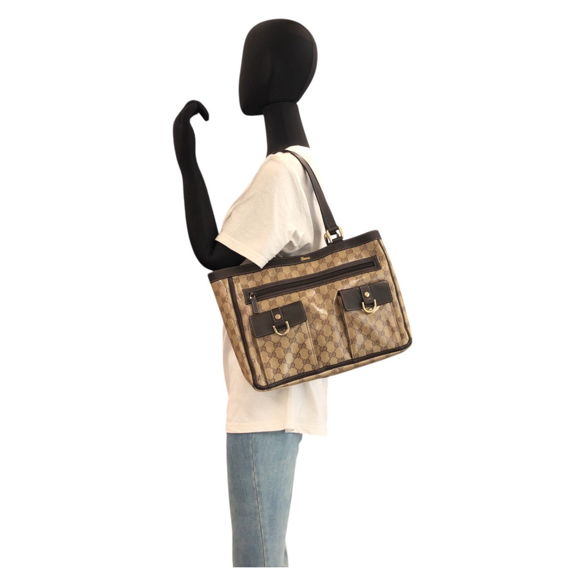 GUCCI Tote Bag 268639 Coated canvas, leather Beige Brown Gold Metal Tote Bag Shoulder Bag GG crystal Women Used Authentic
