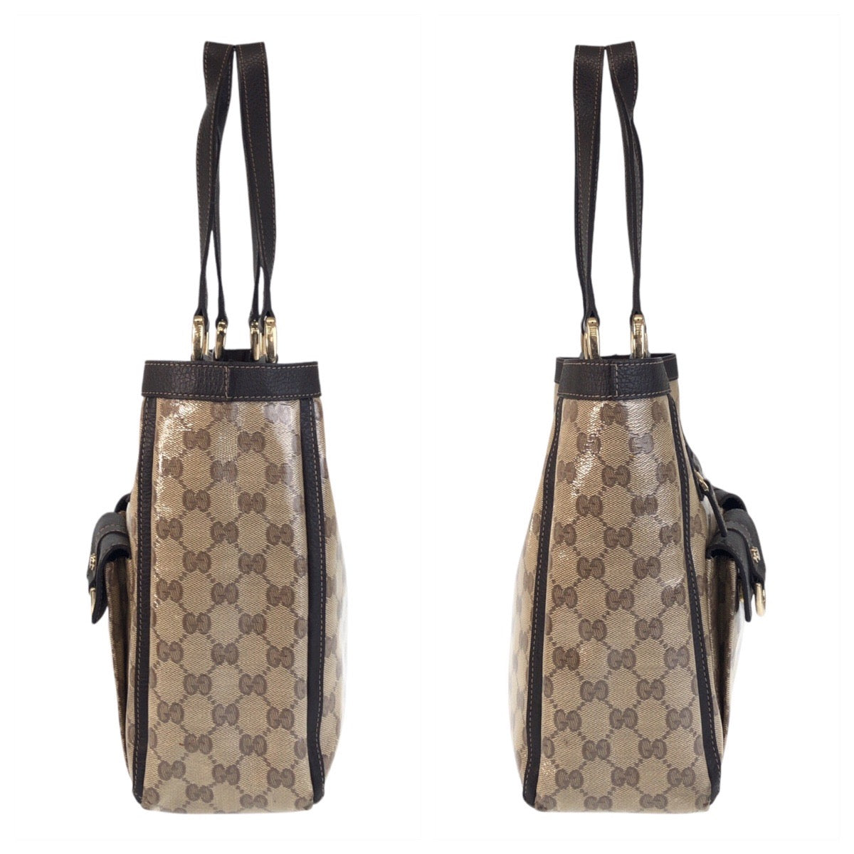 GUCCI Tote Bag 268639 Coated canvas, leather Beige Brown Gold Metal Tote Bag Shoulder Bag GG crystal Women Used Authentic