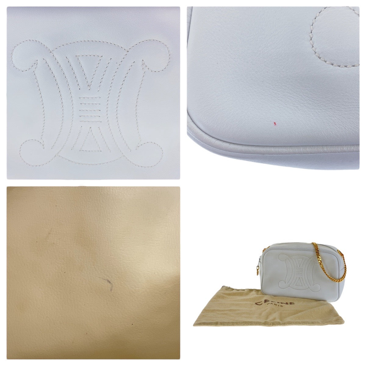 CELINE Shoulder Bag leather White GoldMetal Crossbody Shoulder Bag Camera Bag Triomphe Women Used Authentic