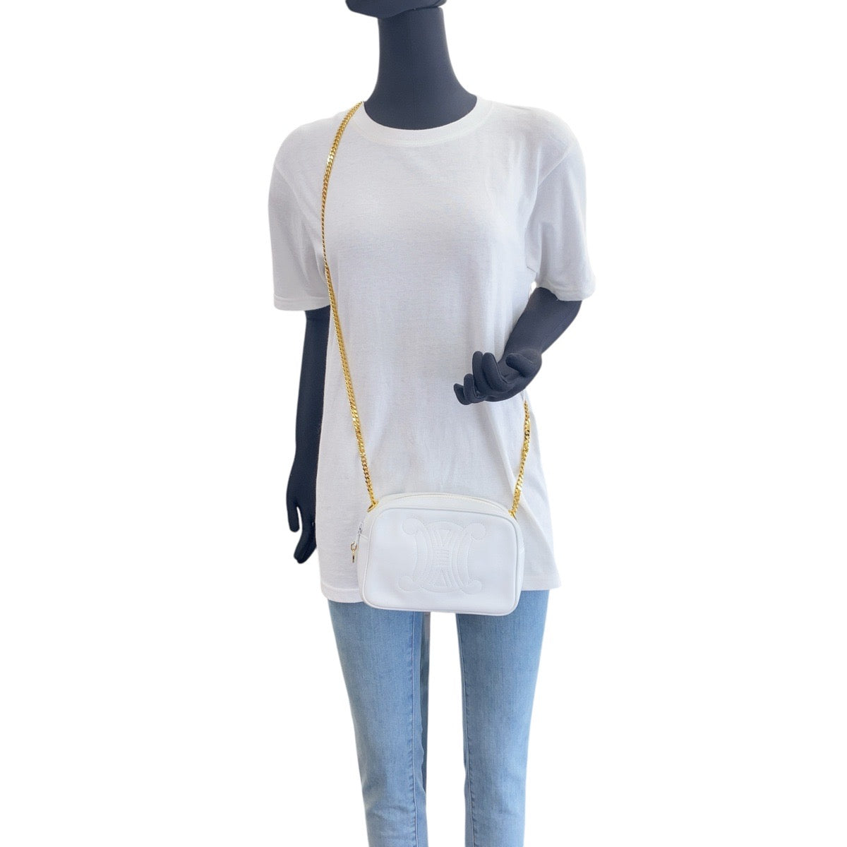 CELINE Shoulder Bag leather White GoldMetal Crossbody Shoulder Bag Camera Bag Triomphe Women Used Authentic