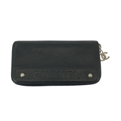 CHANEL Long Wallet Purse Caviar skin Black SilverMetal Long Wallet Purse Zip Around COCO Mark Women Used Authentic