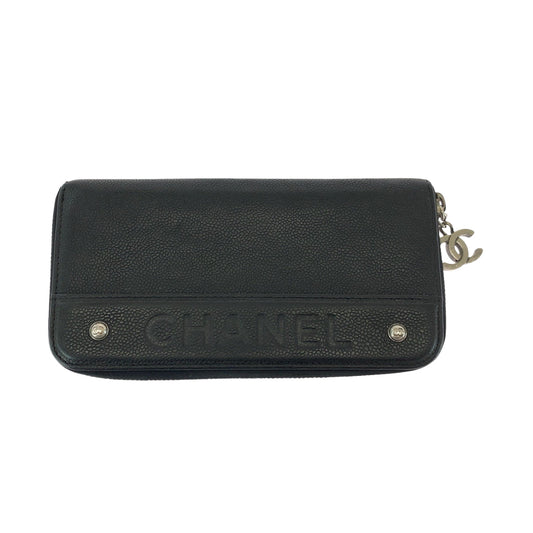 CHANEL Long Wallet Purse Caviar skin Black SilverMetal Long Wallet Purse Zip Around COCO Mark Women Used Authentic